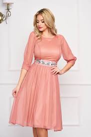 Starshiners Lightpink Dress Occasional Midi Cloche With 3 4 Sleeves With Rounded Cleavage Airy Fabric Detachable Cord