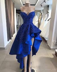 Royal Blue High Low Evening Party Dresses 2019 Sweetheart Beaded Lace Applique Ruffles Skirt Ruffle Prom Dress Royal Blue Formal Dresses Strapless Dress Formal