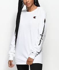 Black And White Vans Shirt Womens Champion Script White Long Sleeve T Shirt Zumiez Champion Clothing Long Sleeve Tee Outfit Clothes