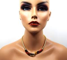 Multi Color Enameled Vintage Bib Necklace, 1980's Statement Jewelry, Gold  Tone Omega Chain