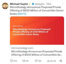 MicroStrategy Announces Proposed Private Offering of $500 Million of  Convertible Senior Notes : rMSTR
