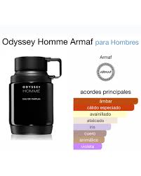 Odyssey Homme de Armaf es una fragancia de la familia olfativa Oriental  para Hombres. Las Notas de Salida son vainilla y &aacute;mbar; las Notas de  Coraz&oacute;n son notas orientales, especias y iris;