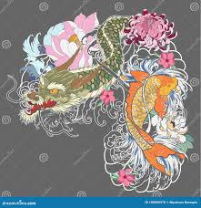 Old Dragon with Koi Carp Tattoo Japanese Style. Stock Vector - Illustration  of culture, background: 100883370