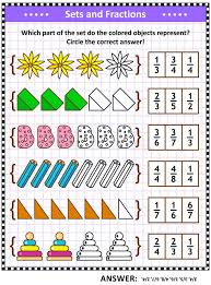 Explore the entire kindergarten math curriculum: Math Skills Training Puzzle Or Worksheet With Pictorial Fraction Representations Stock Vector Illustration Of Math Primary 174052764