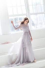 Women lace illusion short sleeve chiffon wedding party dress 07624. Classic Long Sleeves Wedding Dress Of Muted Grey Lilac Colour Anna Skoblikova