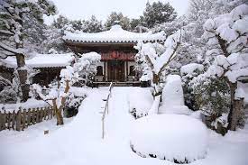 一面雪につつまれた冬の京都二尊院の九頭龍弁財天 京都 雪 雪 雪 景色