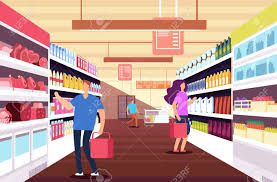 The result is a very large retail facility which carries an enormous range of products under one roof, including full lines of groceries and general… Shopping People In Hypermarket Customers Between Food Product Royalty Free Cliparts Vectors And Stock Illustration Image 128173154