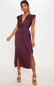 Navy Geo Print Satin Frill Shoulder Split Midi Dress Lace Dress Casual Lace Blue Dress Printed Satin