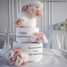 Mynamepixs allow users to stylize their names and captions by generating text on pictures with ease. White Flowers Tier Anniversary Cake With Name Online Editor