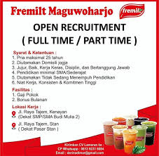 Temukan lowongan kerja parttime dan peluang kerja di purwokerto yang ditemukan oleh loker.my.id. Lowongan Kerja Full Time Part Time Di Fremilt Maguwoharjo Yogyakarta Bursa Lowongan Kerja