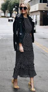 Black And White Polka Dot Maxi Dress Fall Outfit Idea Moto Jacket Polka Dots Maxi Dress Heels Elegant Summer Outfits Fashion Stunning Outfits