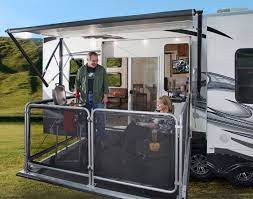 In the market for a new or used fifth wheel camper in north carolina? Inimitable Fifth Wheel Toy Hauler With Outside Kitchen And Roll Up Rv Porch Roofing Designs Also Portable Outdoor Toy Hauler Outdoor Kitchen Design Rv Campers