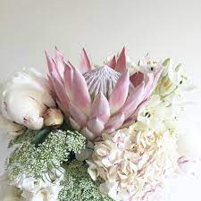 A Few Of My Faves King Protea Hydrangea Queen Anne Lace And Some Peonies Peeking Throu Hydrangea Flower Arrangements Beautiful Flowers Flower Arrangements