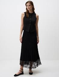 Yüksek Bel Rahat Kesim Dantel Detaylı Midi Etek