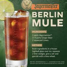 Berlin Mule 2 Oz Jagermeister 3 4 Oz Ginger Beer 2 Squeezed Limes Build Ingredients Into Highball Gl Jagermeister Recipe Ginger Beer Mixed Drinks Alcohol