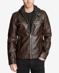 Guess Men S Faux Leather Detachable Hood Motorcycle Jacket Reviews Coats Jackets Men Macy S Leather Jacket With Hood Guess Men Brown Leather Jacket