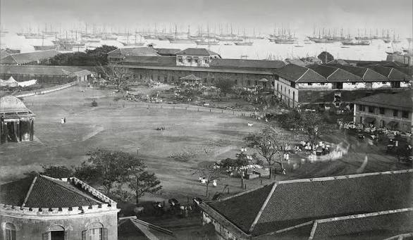 1855 Colonial India, Bombay (Mumbai), Fort Area. View of Bombay Town Hall and the Harbour. Photographer - William Johnson. Restored Image. Updated.