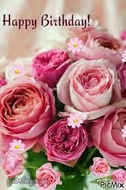Pretty colorful flowers and sparkles. Rose Peony Happy Birthday Gif Birthday Wishes Flowers Happy Birthday Flowers Wishes Happy Birthday Rose