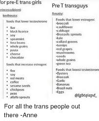 Do you have low testosterone? For Pre E Trans Girls Princessdidemi Bird Hinata Foods That Lower Testosterone Flax Black Licorice Soy Spearmint Lima Beans Whole Grains Pasta Cheese Chocolate Foods That Incrcasc Cstrogen Flax Oy Red Meats Coffee