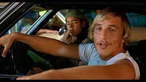 In 'Dazed and Confused' (1993) when Matthew McConaughey said "Hey, watch  the leather, man!" and starts laughing he was high for real. He recently  talked about it in a Howard Stern interview. :