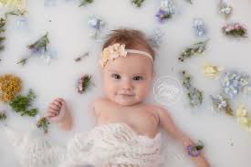 White can become boring after a while, so try to diversify the milk bath photography with colors. Milk Bath Dream Session Angelina 6 Months Baby Milk Bath