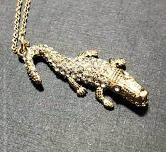 Vintage Gold Tone Figural Alligator Necklace Very Cute Crystal Rhinestone Encrusted Gold Tone Alligator With His Mo Crystal Rhinestone Vintage Pendants Pendant