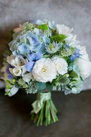 Round Bouquet Featuring Blue Jumbo Hydrangea Blue Nigella Green Eryngium Thistle G Blue Wedding Bouquet Hydrangea Bouquet Wedding Wedding Flowers Hydrangea