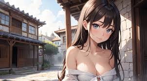 Anime girl with big breast posing in front of a stone building - SeaArt AI