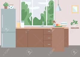 Wooden board empty table in front of blurred background. Kitchen Flat Color Vector Illustration Residential House Furniture Fridge Near Cabinets Kitchenware Utensils And Appliances On Counter Dining Room 2d Cartoon Interior With Window On Background Royalty Free Cliparts Vectors And Stock