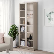 Billy Bookcase With Glass Doors Grey Metallic Effect 80x30x202 Cm Ikea Bookcase With Glass Doors Billy Bookcase With Doors Billy Bookcase