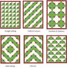 All of the log cabin quilt designs shown below start with a basic log cabin block,—half dark fabrics and half light, pieced around a center square. The Many Ways To Arrange Log Cabin Blocks On Your Quilt