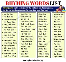 Rhyming Words List Of 70 Interesting Words That Rhyme In English English Study Online Rhyming Words Rhyming Words List Ryming Words