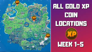 The player will earn 30% additional experience for themselves and 5% for their teammates. All 3 Gold Xp Coins Locations In Fortnite Week 1 5 Good As Gold Punch Card Youtube