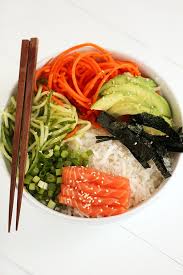 Spiralized Sushi Bowl With Salmon Sashimi And Ginger Miso Dressing Rezept Rezepte Gesund Lachs Rezept Asiatische Rezepte