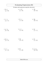 The Evaluating One Step Algebraic Expressions With One Variable And No Exponents H Solving Algebraic Expressions Algebraic Expressions Evaluating Expressions