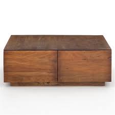 Plush, button tufted upholstery creates an elegant table top that allows this coffee table to double as an ottoman. Scarlett Rustic Brown Reclaimed Wood Square 4 Drawer Storage Block Coffee Table 41 W 50 W Kathy Kuo Home