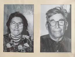 Chief Nan-Nook (aka Chief Nannock, aka Chief Nanok) and his wife Nanáku, in  front of their home at Telegraph Creek, in northwestern British Columbia
