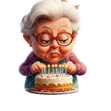 Cute Cartoon Grandma Blowing Out Birthday Cake Candles