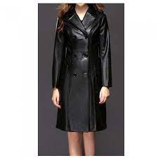 Women Double Breasted Knee Length Black Leather Coat Coats For Women Black Leather Coat Leather Coat