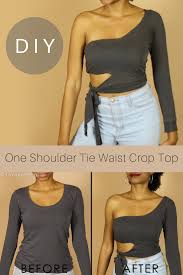 Here S A Quick Diy Way To Turn A Long Sleeve Shirt Into A Sleek One Shoulder Tie Waist Crop To Diy Fashion Clothing Long Sleeve Shirt Diy Diy Clothes Refashion