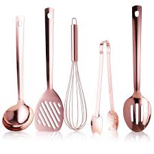 Gray nylon salad serving set. 5 Pack Kitchen Utensils Sets Rose Gold Copper Plated Cooking Utensil Apartment Home Essentials Tools Ladle Balloon Whisk Tongs Slotted Spatula And Spoon Co In 2021 Copper Cooking Utensils Rose Gold
