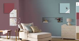 Living Room Wall Painted With Burgundy On The Left Changing To A Light Blue Color On The Right Living Room Color Schemes Living Room Color Living Room Colors