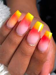 Cute Halloween Candy Corn Nails 2020 Coffin Shaped Design Credit Goldenturtlenails Halloweennails Candy Corn Nails Coffin Nails Designs Hard Gel Nails