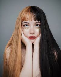 Split Dye Hair Black And Blonde Half Gold And Half Black With Bangs Straight Synthetic Wefted Cap Wig Lg029 In 2020 Aesthetic Hair Split Dyed Hair Dyed Hair