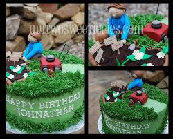 Lawn Cake With Lawnmower Vegetable Flower Garden Shovels And Even A Ground Hog Garden Cakes Garden Birthday Cake Lawn Mower Cake