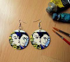 Pop Art Earrings Wooden Hand Painted Earrings Roy Lichtenstein Pop Art Birthday Gift Gift Idea Hand Painted Earrings Art Earrings Hand Painted