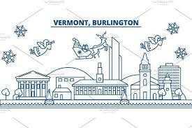 usa vermont burlington winter city skyline merry christmas and happy new year decorated banner winter greeting card with snow and santa claus flat line v merry christmas and happy new pinterest