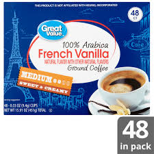 Just a great coffee and a super value the taste is smooth and like something you'd want from a very expensive coffee. Great Value 100 Arabica French Vanilla Medium Ground Coffee 0 33 Oz 48 Count Walmart Com Walmart Com