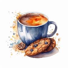 a cup of coffee and a cookie clipart, watercolor, cutout on white ...