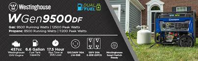 The westinghouse wgen9500df dual fuel portable generator produces up to 12,500 peak watts and 9,500 running watts, the wgen9500df is a dual fuel generator that operates on gasoline or propane (lpg). Westinghouse Wgen9500df Dual Fuel Portable Generator 9500 Rated Watts 12500 Peak Watts Gas Or Propane Powered Electric Start Transfer Switch Rv Ready Carb Compliant Multicolor Amazon Ca Patio Lawn Garden